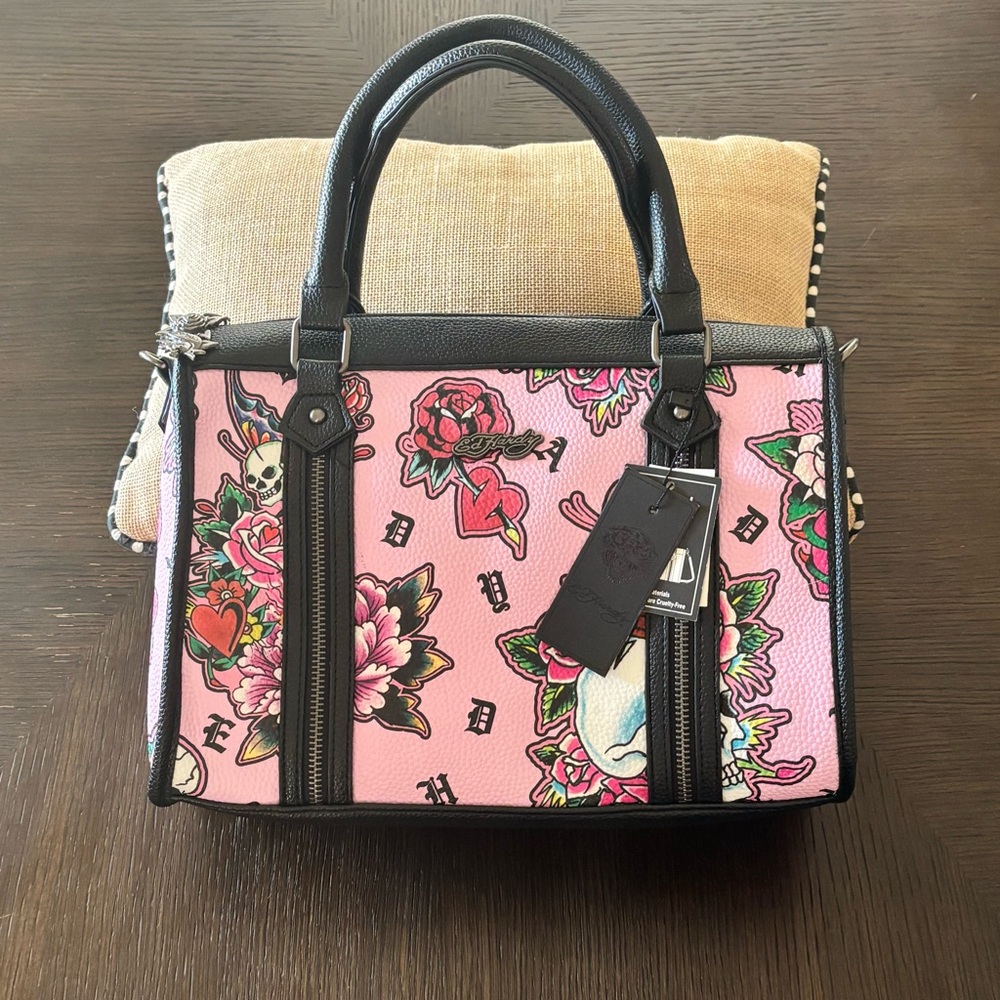 Ed Hardy Pink Skull Tattoo Satchel Bag NWT Roses Y2K Crossbody Purse - Picture 2 of 9